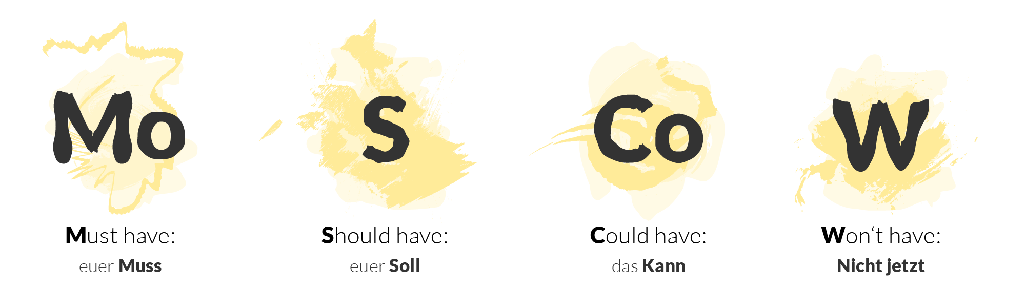 Mo = must have (euer Muss), S = Should have (euer Soll), Co = Could have (das Kann), Opportunities (eure Chancen), W = Won't have (Nicht jetzt)